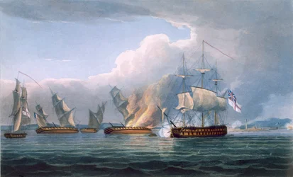 1820年に出版されたJ.ラルフによる「イギリスの海軍の年代学」のためにT.サザーランドによって彫刻されたフランスのフリゲート艦ラリアンヌとアンドロマケの破壊